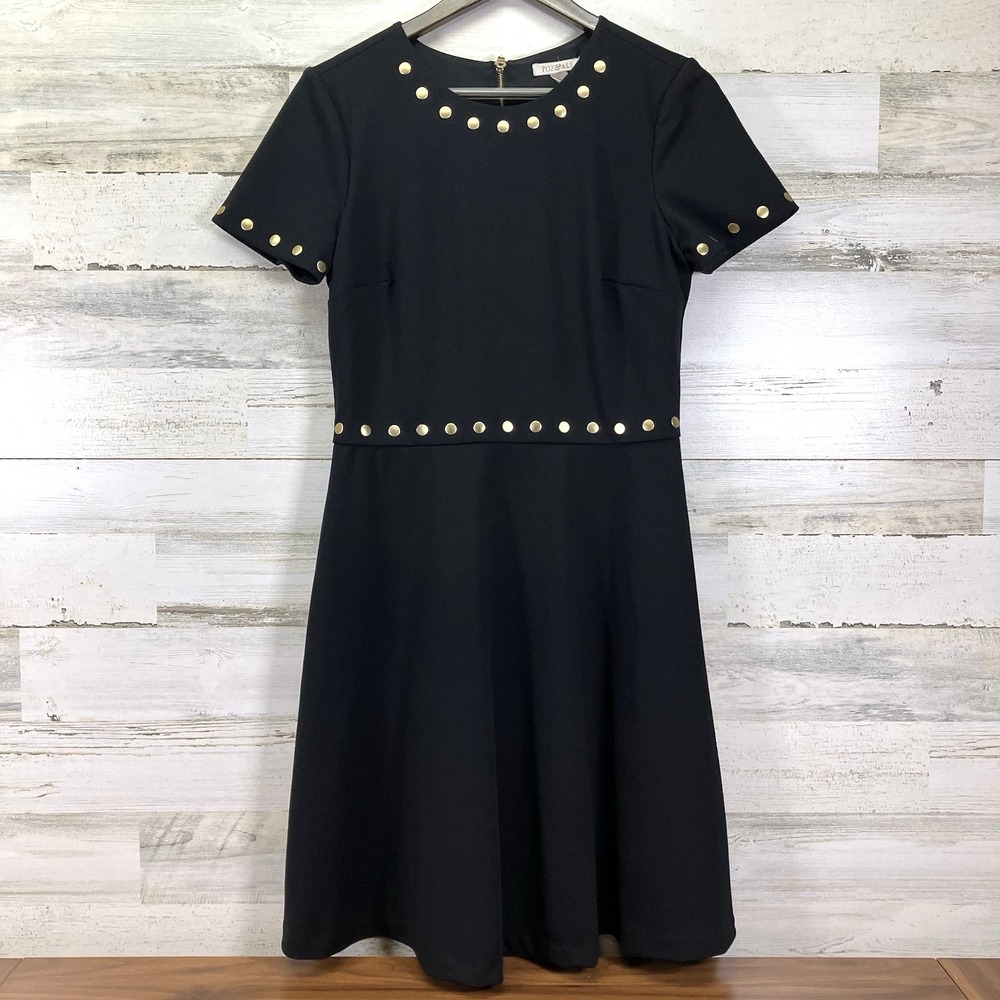 roz & ALI Womens Black Short Slv Fit & Flare Gold Studded Knee Length Dress Sz 8